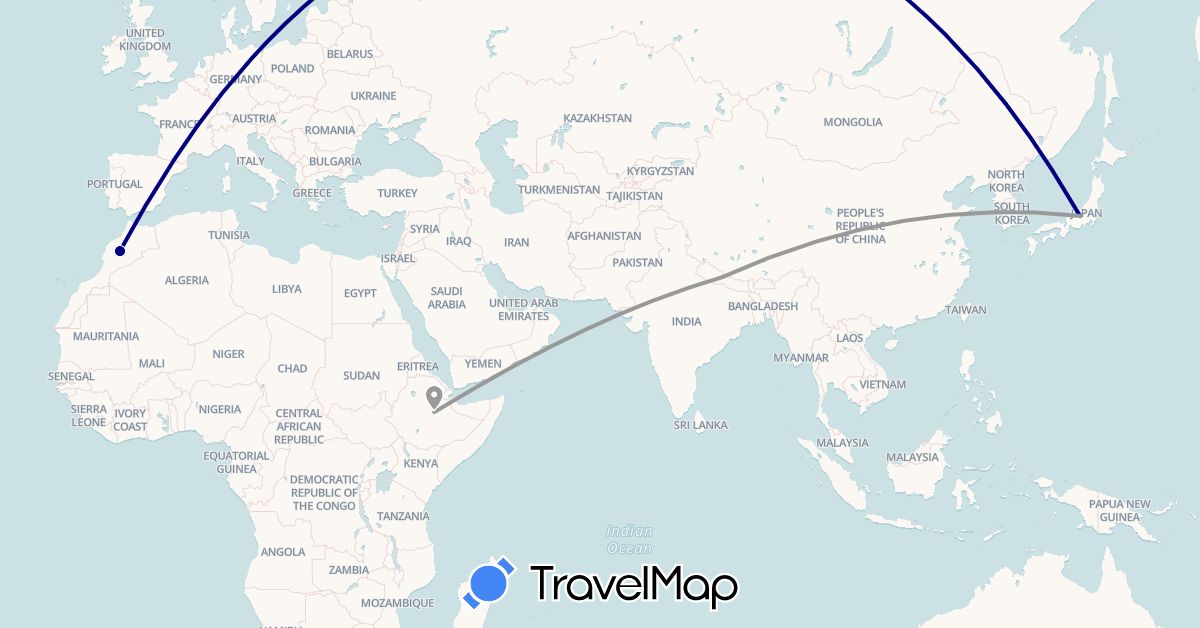 TravelMap itinerary: driving, plane in Ethiopia, Japan, Morocco, Nepal (Africa, Asia)
